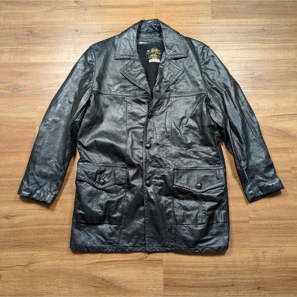 Vintage Sears The Leather Shop Mens Black Leather Jacket Size 42 Regular Lined